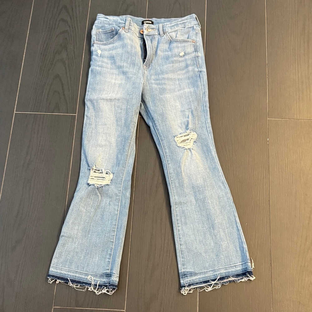 Express Light Blue Distressed Flare Jeans